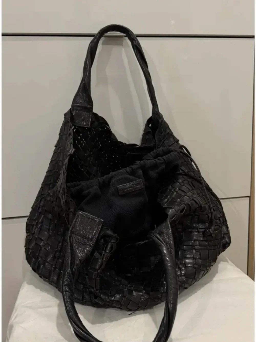 Massimo Dutti Black Woven Leather Tote